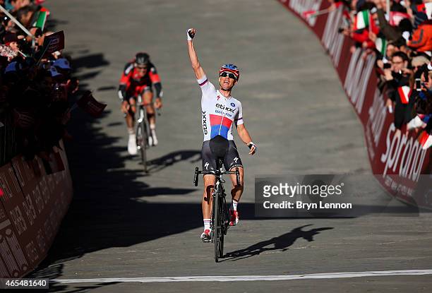 Zdenek Stybar of the Czech Republic and Etixx - Quick-Step celebrates victory as he crosses the finish line during the 2015 Strade Bianche from to...