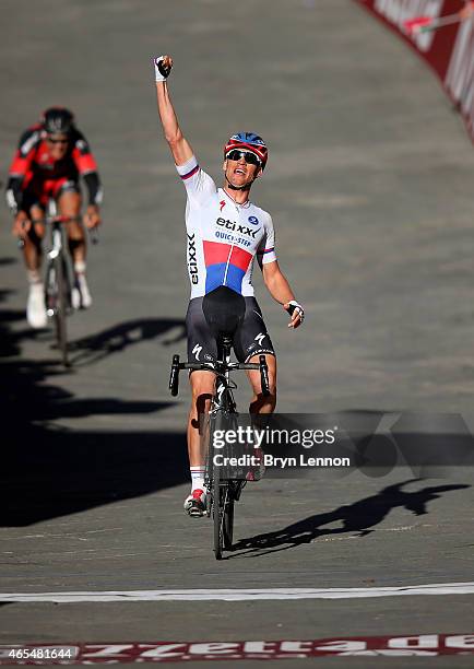 Zdenek Stybar of the Czech Republic and Etixx - Quick-Step celebrates victory as he crosses the finish line during the 2015 Strade Bianche from to...