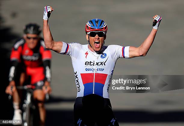 Zdenek Stybar of the Czech Republic and Etixx - Quick-Step celebrates victory as he crosses the finish line during the 2015 Strade Bianche from to...