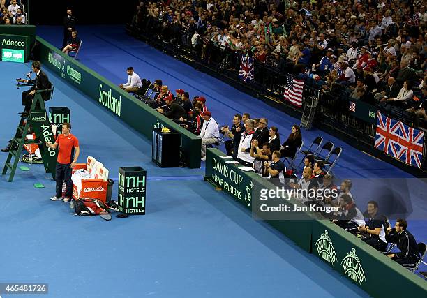 General view as the bench spurs on Dominic Inglot and Jamie Murray of The Aegon GB Davis Cup Team in their doubles match against Mike and Bob Bryan...