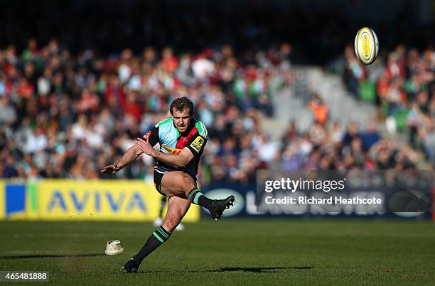 Nick Evans of Quins kicks a penalty during the Aviva Premiership match between Harlequins and London Irish at the Twickenham Stoop on March 7, 2015...