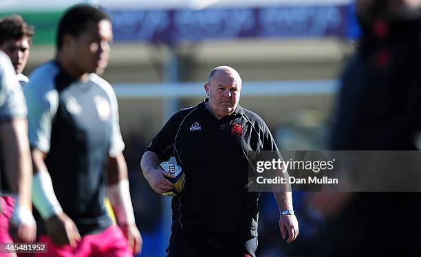 Justin Burnell, Head Coach of London Welsh looks on prior to the Aviva Premiership match between Exeter Chiefs and London Welsh at Sandy Park on...