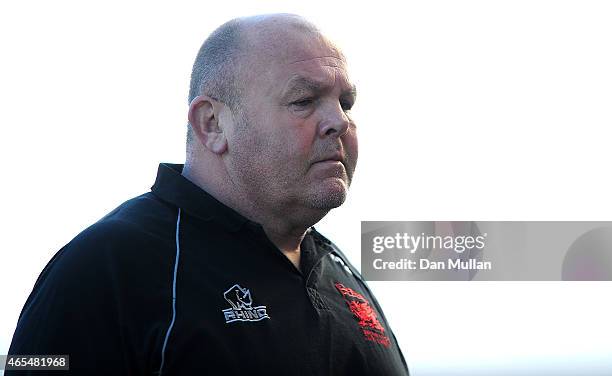 Justin Burnell, Head Coach of London Welsh looks on prior to the Aviva Premiership match between Exeter Chiefs and London Welsh at Sandy Park on...