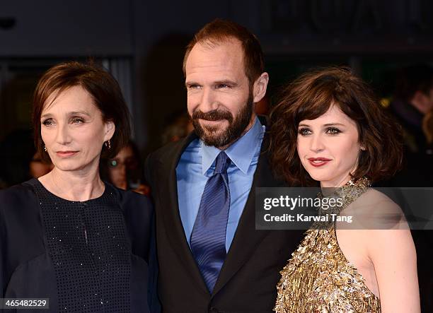 Kristin Scott Thomas, Ralph Fiennes and Felicity Jones attend the UK Premiere of "The Invisible Woman" at the ODEON Kensington on January 27, 2014 in...