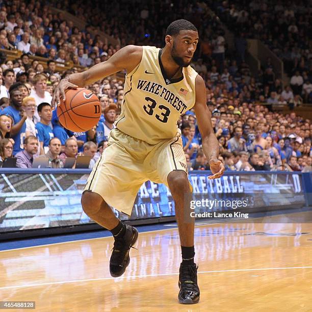 Aaron Rountree III of the Wake Forest Demon Deacons dribbles against the Duke Blue Devils at Cameron Indoor Stadium on March 4, 2015 in Durham, North...