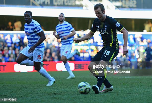 Harry Kane of Spurs scores their second goal during the Barclays Premier League match between Queens Park Rangers and Tottenham Hotspur at Loftus...