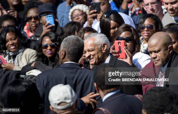 Reverend C. T. Vivian arrives for an event at the Edmund Pettus Bridge on March 7, 2015 in Selma, Alabama. US President Barack Obama and the first...