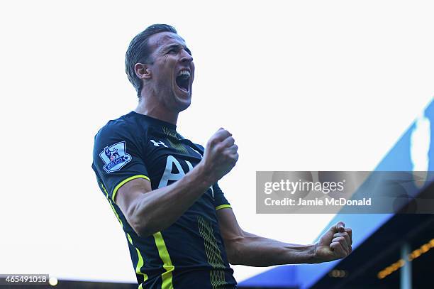 Harry Kane of Spurs celebrates as he scores their second goal during the Barclays Premier League match between Queens Park Rangers and Tottenham...