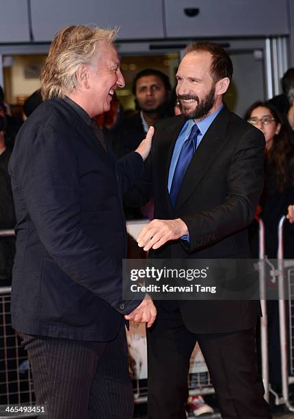 Alan Rickman and Ralph Fiennes attend the UK Premiere of "The Invisible Woman" at the ODEON Kensington on January 27, 2014 in London, England.