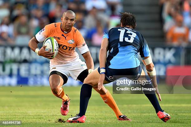 Cornal Hendricks of the Cheetahs in action during the Super Rugby match between Toyota Cheetahs and Vodacom Bulls at Free State Stadium on March 07,...