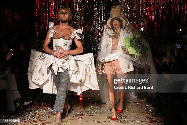 Models walk the runway during the Vivienne Westwood show as part of the Paris Fashion Week Womenswear Fall/Winter 2015/2016 at the Centorial on March...