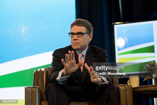 Rick Perry, former governor of Texas, speaks during the Iowa Ag Summit at the Iowa State Fairgrounds in Des Moines, Iowa, U.S., on Saturday, March 7,...