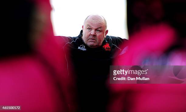 Justin Burnell, Head Coach of London Welsh talks to his players following their defeat during the Aviva Premiership match between Exeter Chiefs and...