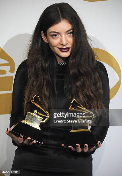 Lorde poses at the 56th GRAMMY Awards on January 26, 2014 in Los Angeles, California.