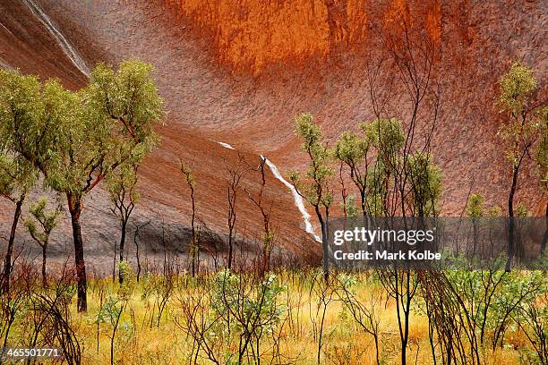 General view of Uluru is seen as it rains on November 28, 2013 in Uluru-Kata Tjuta National Park, Australia. Uluru/ Ayers Rock is a large sandstone...