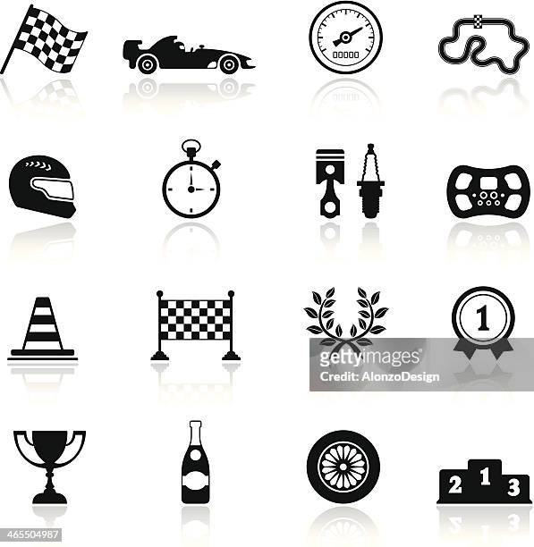ilustraciones, imágenes clip art, dibujos animados e iconos de stock de conjunto de iconos de carreras - motorized sport