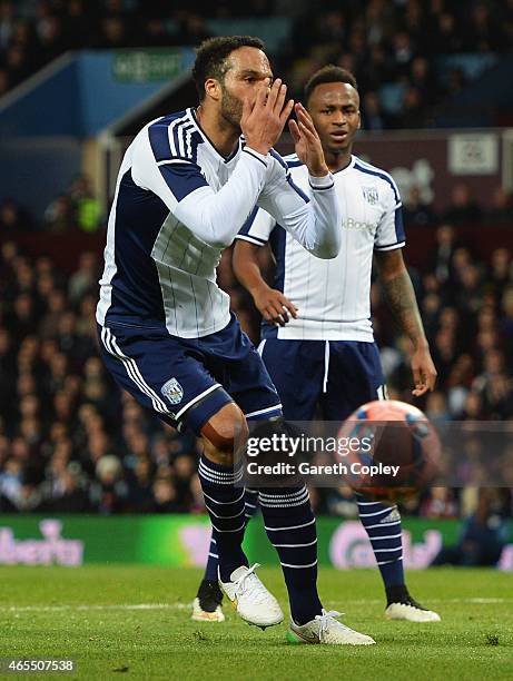 Joleon Lescott of West Bromwich Albion reacts as he misses a clear chance during the FA Cup Quarter Final match between Aston Villa and West Bromwich...