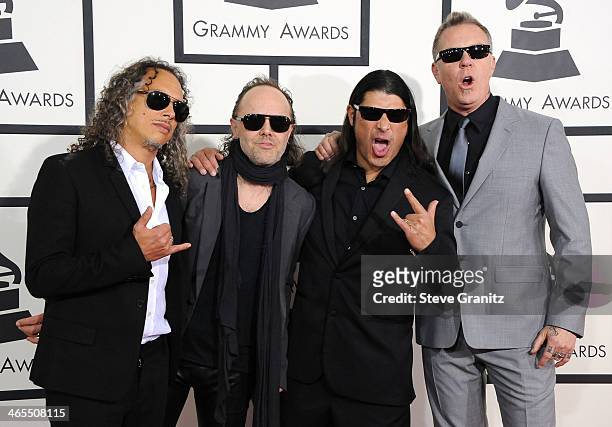 Musicians Kirk Hammett, Lars Ulrich, Robert Trujillo and James Hetfield of Metallica arrivals at the 56th GRAMMY Awards on January 26, 2014 in Los...