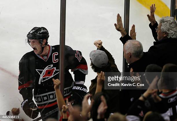 Eric Staal of the Carolina Hurricanes celebrates his game-tying goal against the Columbus Blue Jackets at PNC Arena on January 27, 2014 in Raleigh,...
