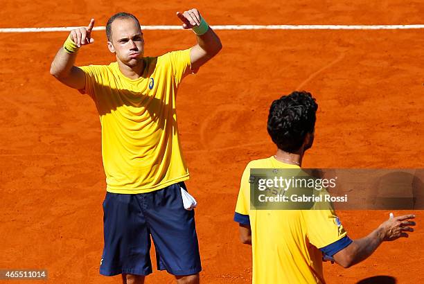 Bruno Soares celebrates after wining the a doubles match between Carlos Berlocq / Diego Schwartzman v Marcelo Melo / Bruno Soares as part of Davis...