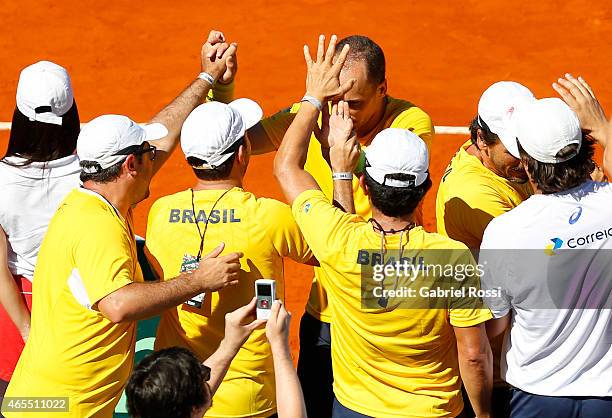 Marcelo Melo and Bruno Soares celebrate after wining the doubles match between Carlos Berlocq / Diego Schwartzman v Marcelo Melo / Bruno Soares as...