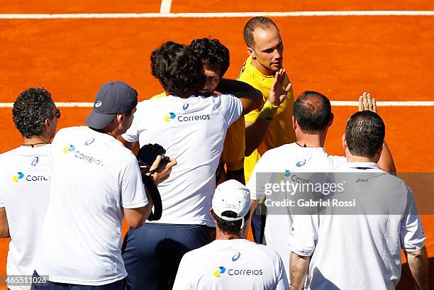 Marcelo Melo and Bruno Soares celebrate after wining the doubles match between Carlos Berlocq / Diego Schwartzman v Marcelo Melo / Bruno Soares as...