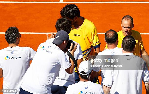 Marcelo Melo and Bruno Soares celebrate after wining the doubles match between Carlos Berlocq / Diego Schwartzman v Marcelo Melo / Bruno Soares as...