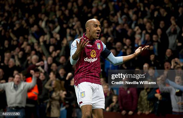 Fabian Delph of Aston Villa celebrates his goal during the FA Cup FA Cup Quarter Final match between Aston Villa and West Bromwich Albion at Villa...