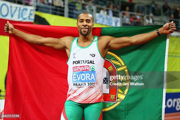 Nelson Evora of Portgual celebrates winning gold in the Men's Triple Jump Final during day two of the 2015 European Athletics Indoor Championships at...