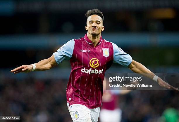 Scott Sinclair of Aston Villa celebrates his goal for Aston Villa during the FA Cup FA Cup Quarter Final match between Aston Villa and West Bromwich...