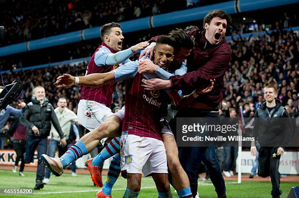 Scott Sinclair of Aston Villa celebrates his goal for Aston Villa with supporters during the FA Cup FA Cup Quarter Final match between Aston Villa...