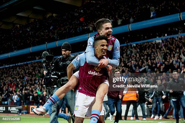 Scott Sinclair of Aston Villa celebrates his goal for Aston Villa during the FA Cup FA Cup Quarter Final match between Aston Villa and West Bromwich...