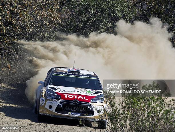 British Kris Meeke steers his Citroen DS3 WRC during the second day of the 2015 FIA World Rally Championship in Leon, Guanajuato State, Mexico, on...