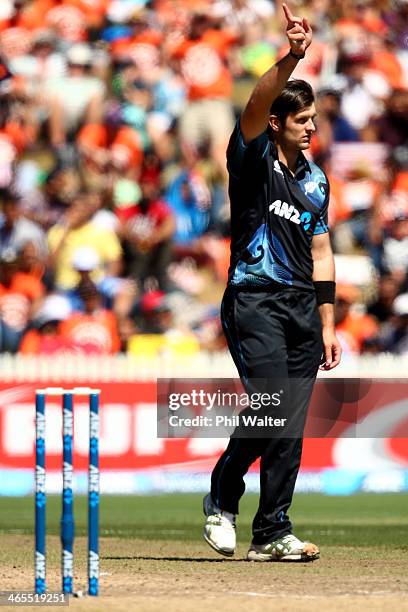 Hamish Bennett of New Zealand celebrates his wicket of Ambati Rayudu of India during game four of the men's one day international series between New...