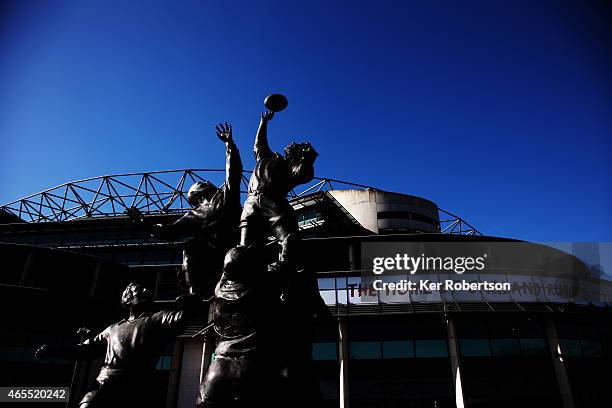 General view of the rugby statue outside Twickenham Stadium on March 7, 2015 in London, England.