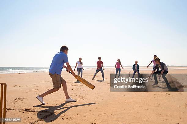 cricket on the beach - cricket game fun stock-fotos und bilder