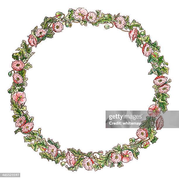 illustration of a round, victorian poppy border on white. - circular leaf border stock illustrations