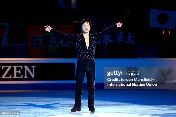 Shoma Uno of Japan acknowledges the crowd after winning the Junior Men's Competition on Day 4 of the ISU World Junior Figure Skating Championships at...