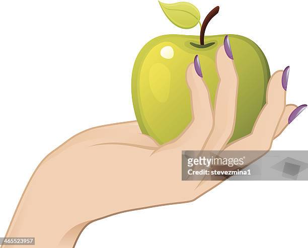 stockillustraties, clipart, cartoons en iconen met hand holding apple - granny smith appel