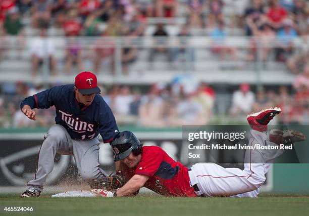 Ryan Hanigan of the Boston Red Sox is tagged out by Doug Bernier of the Minnesota Twins after trying to stretch a single into a double during the...