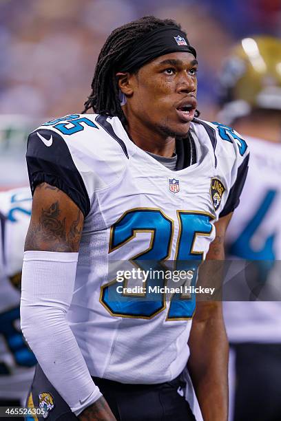 Demetrius McCray of the Jacksonville Jaguars is seen on the sidelines during the game against the Indianapolis Colts at Lucas Oil Stadium on December...