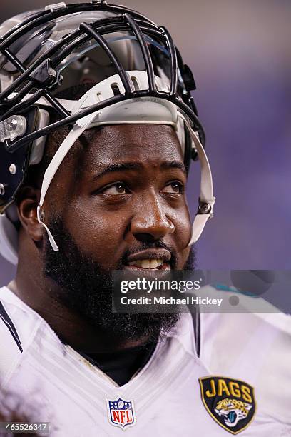 Abry Jones of the Jacksonville Jaguars is seen on the sidelines during the game against the Indianapolis Colts at Lucas Oil Stadium on December 29,...