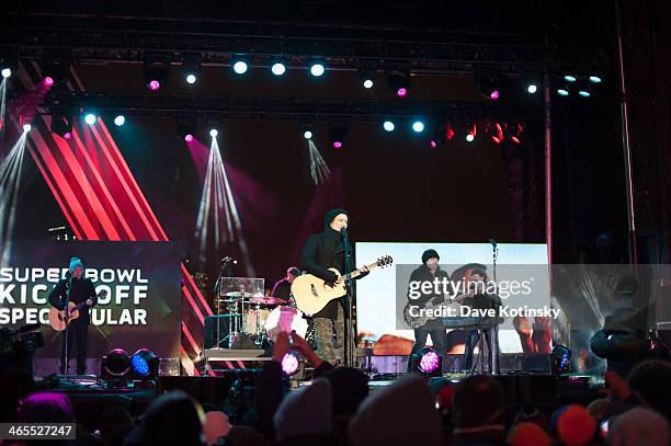 Brad Fernquist, John Rzeznik, Mike Malinin, Robby Takac, and Korel Tunador of Goo Goo Dolls perform at Liberty State Park on January 27, 2014 in...