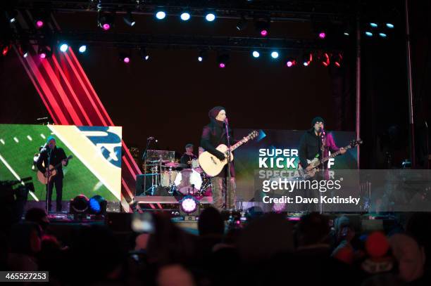 Brad Fernquist, John Rzeznik, Mike Malinin, Robby Takac, and Korel Tunador of Goo Goo Dolls perform at Liberty State Park on January 27, 2014 in...