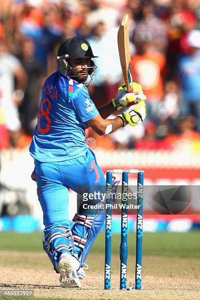 Ravindra Jadeja of India bats during game four of the men's one day international series between New Zealand and India at Seddon Park on January 28,...