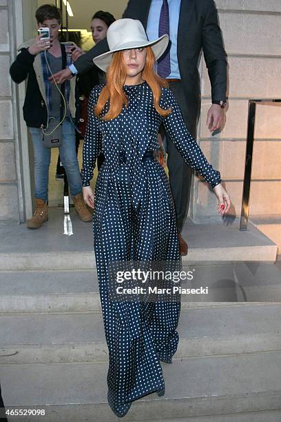 Lady Gaga leaves the 'Yves Saint Laurent' store on Avenue Montaigne on March 7, 2015 in Paris, France.