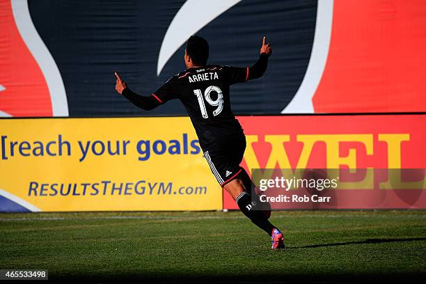 Jairo Arrieta of D.C. United celebrates after scoring a second half goal against the Montreal Impact during their 1-0 win at RFK Stadium on March 7,...