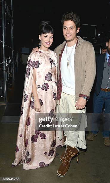 Musicians Katy Perry and John Mayer attend "The Night That Changed America: A GRAMMY Salute To The Beatles" at the Los Angeles Convention Center on...