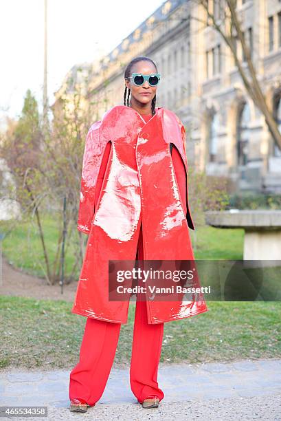 Michelle Elie poses wearing a Junya Watanabe dress on Day 5 of Paris Fashion Week Womenswear FW15 on March 7, 2015 in Paris, France.