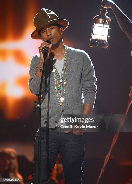 Pharrell Williams performs onstage at "The Night That Changed America: A GRAMMY Salute To The Beatles" at Los Angeles Convention Center on January...